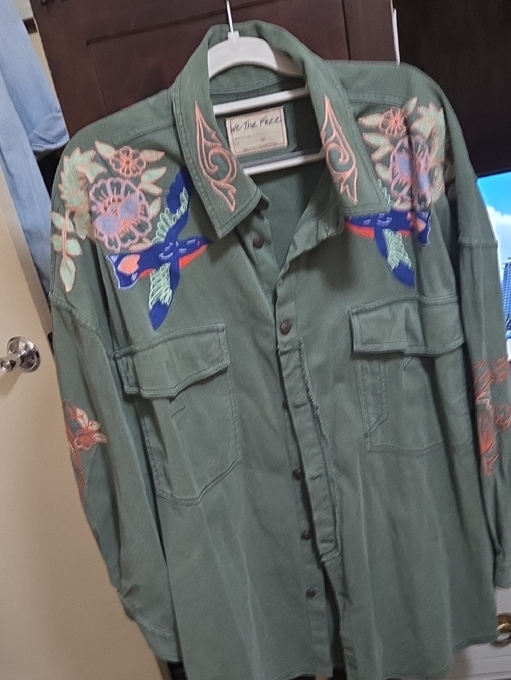 We The Free Olive Green Button-Up Shirt with Multicolor Embroidery